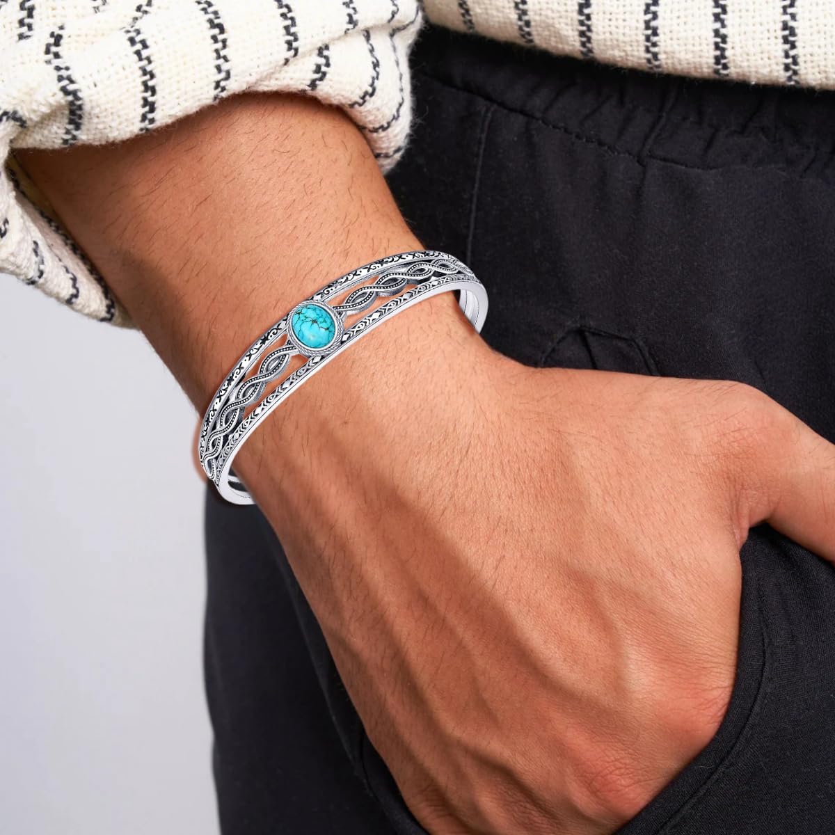 Genuine Turquoise Large Bracelet, Sterling Silver Boho Adjustable Western Bangle Cuff Native American Jewelry, Fit for 6.5 7 7.5 Inches - Image 2