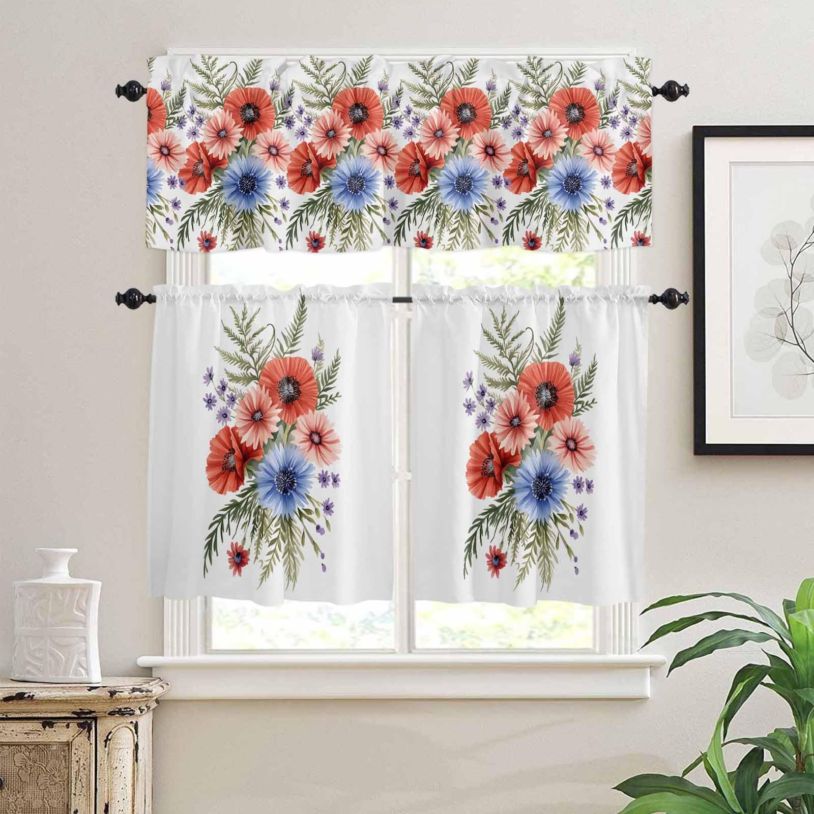 Flower Kitchen Curtains 24 Inch Length,3 Piece Rod Pocket Small Half Tiers and Valance Set,Patriotic Red Blue Pink Poppy Flowers Watercolor Small Large Window Treatment Decor for Bedroom/Bathroom