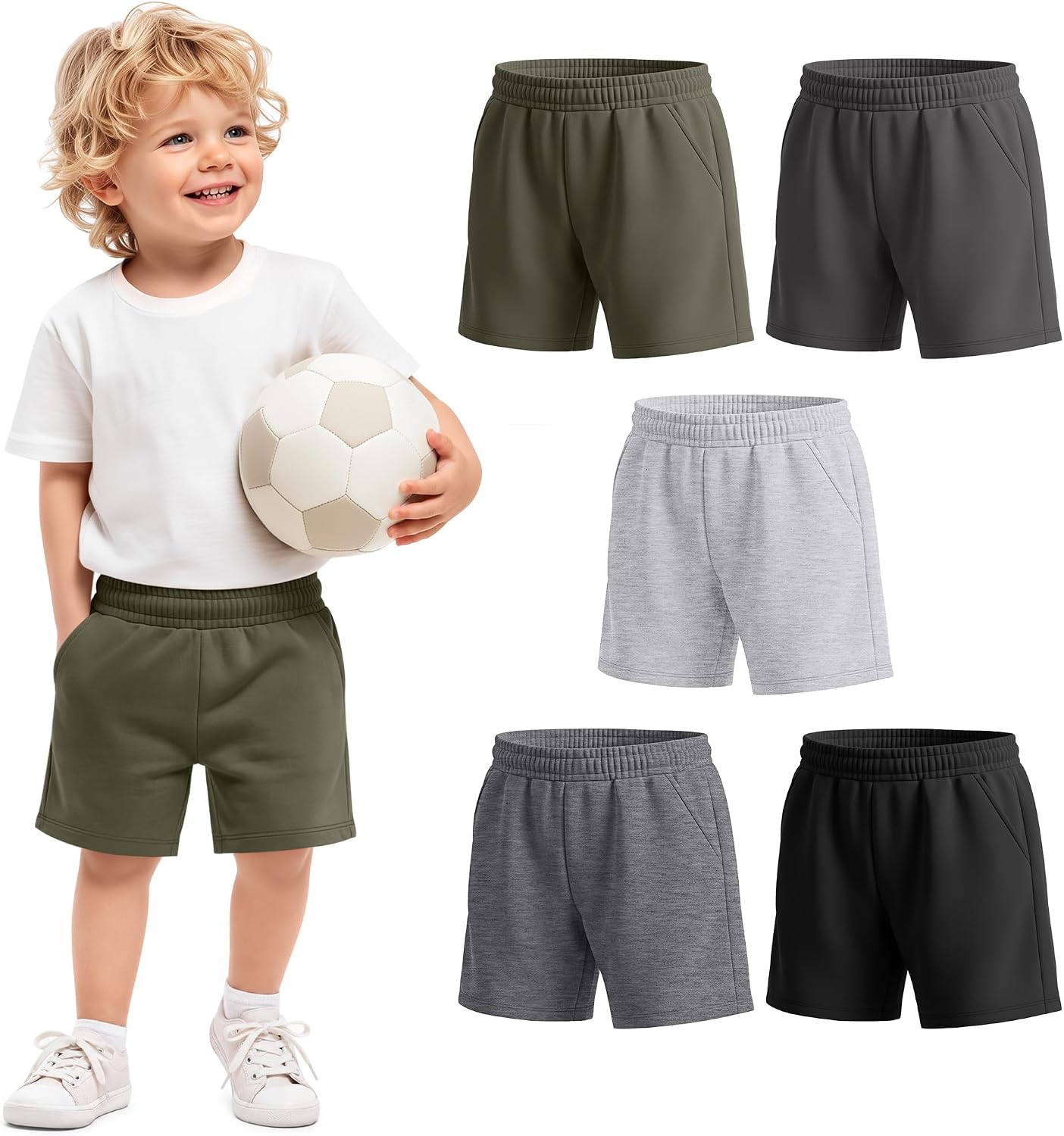 Yooo's Vivi 5 Pack Toddler Boys' Sweat Shorts Baby Boy Solid Elastic Waist Shorts with Pockets Summer Pull On Multipack