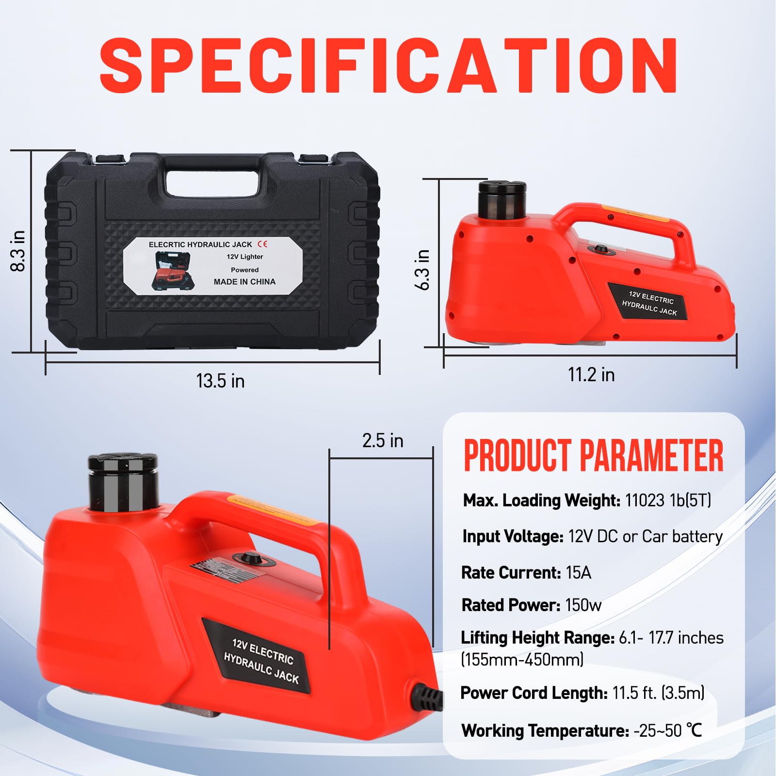 ROGTZ 5-Ton Electric Hydraulic Car Jack Kit – 12V With Impact Wrench & Tire Inflator, Portable Lift For SUV/Truck Tire Changes
