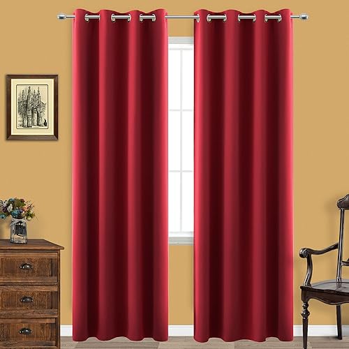 Cortinas rojas de 84 pulgadas de largo para sala de estar juego de 2 paneles con ojales opacas bloqueo de ruido aislamiento térmico color rojo