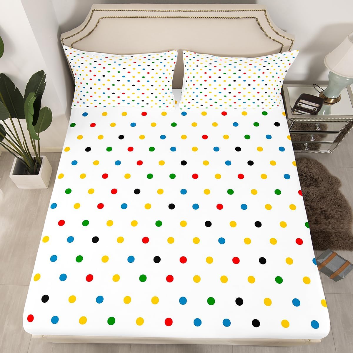 Pink White Fitted Sheet with 1 Pillowcase Twin Size Kids Polka Dots Bed Sheets Set 16" Deep Pocket for Boys Girls Teens Abstract Bedding Breathable Soft Microfiber Modern Room Decor