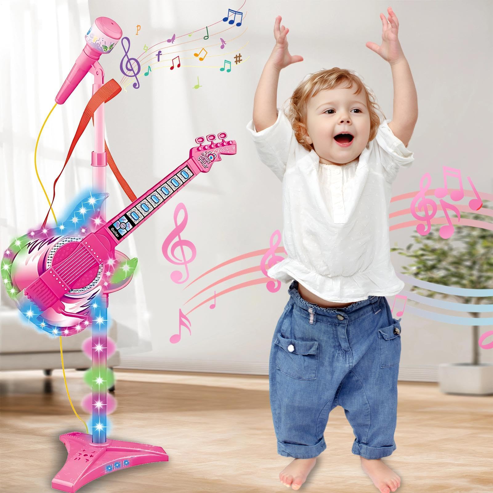 Set De Guitarra Infantil - Micrófono Musical Infantil | Guitarra De Luminosa: Diseño Electrónico Interactivo para Niños Pequeños. Este Colorido Set De ABS Promueve El Talento Durante Las Actua