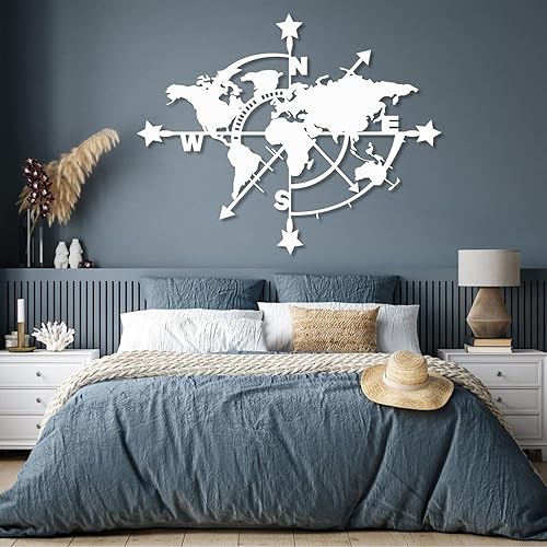 Miniatura 2 de Trpiox Arte de pared de metal con mapa del mundo y brújula, decoración de pared de metal mapa, decoración de pared de brújula para sala de estar,