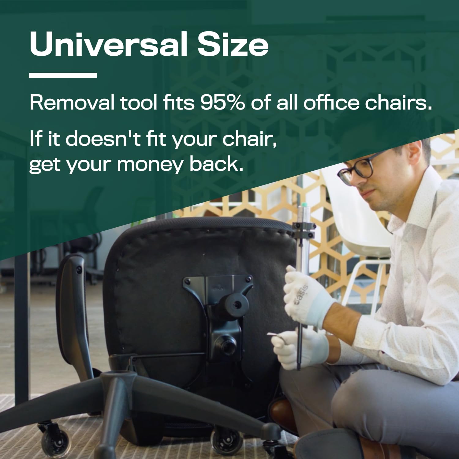 A person wearing gloves is preparing an office chair for cylinder removal, demonstrating the universal fit of the tool.