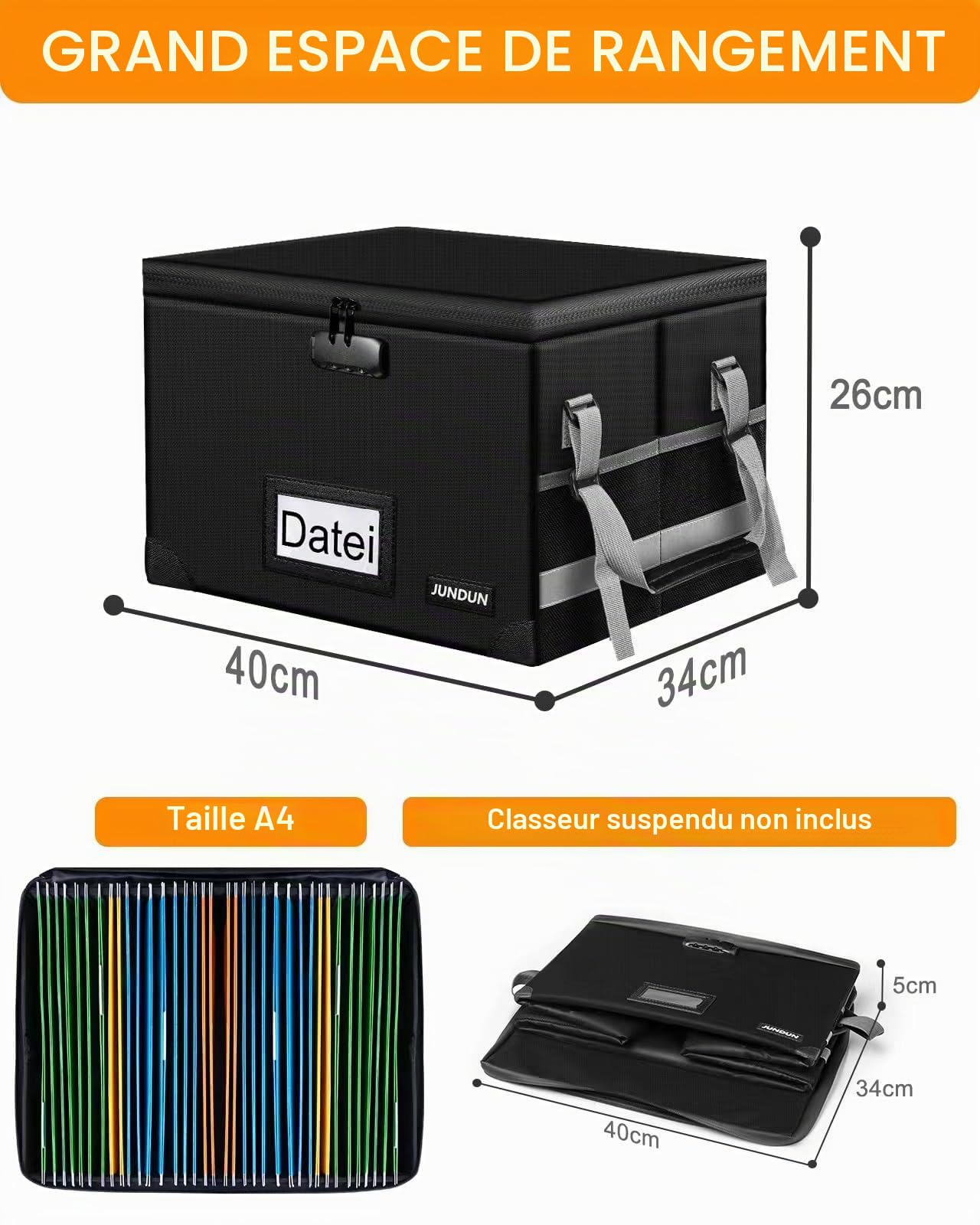 JUNDUN Boîte de rangement de fichiers avec serrure, boîte à documents pliable ignifuge avec fermeture éclair imperméable et couvercle, boîte de rangement décorative portable pour la maison/le bureau