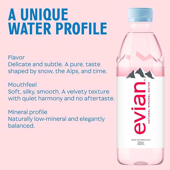 evian Natural Mineral Water Bottle, Drinking Water, 500ml, Case of 24