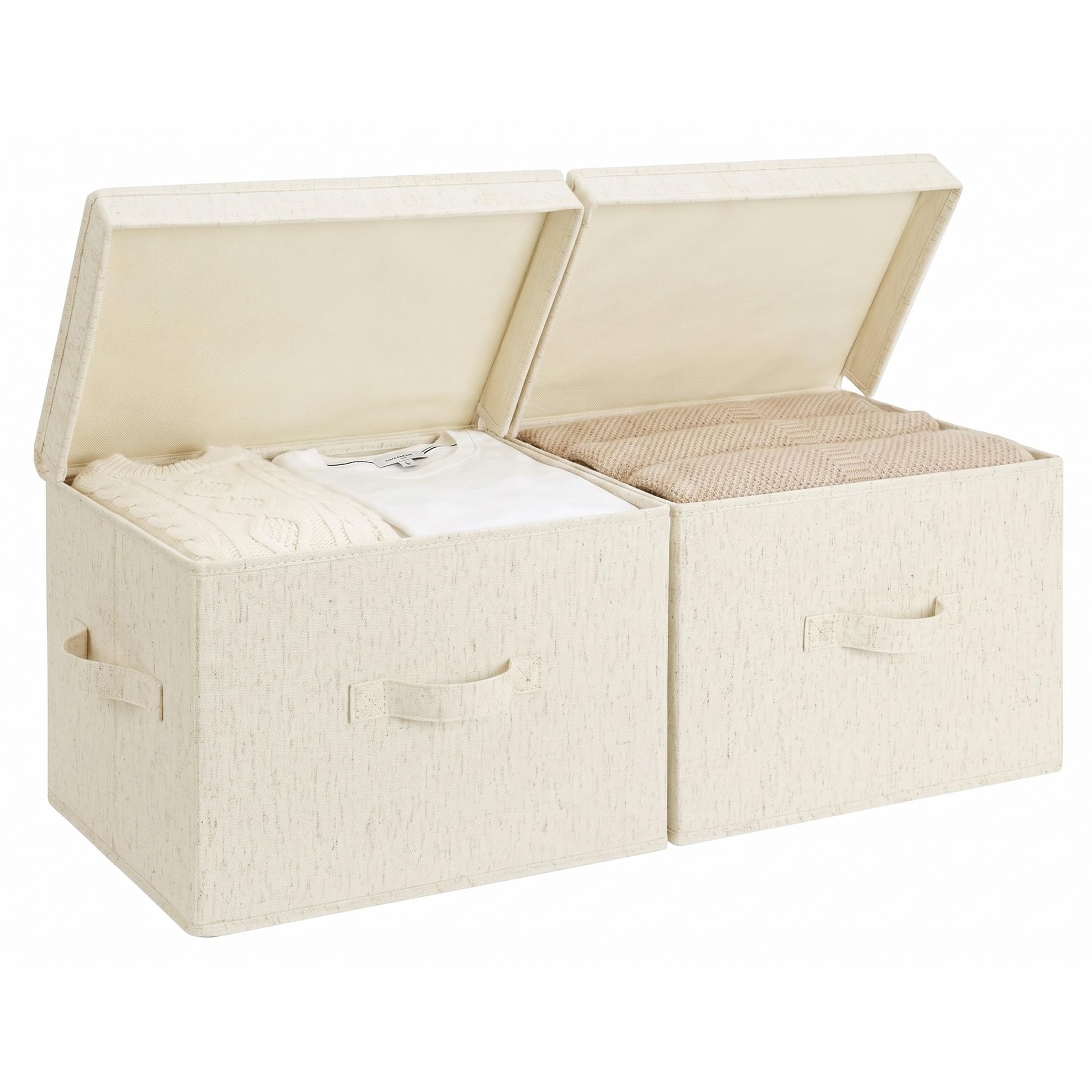 StorageWorks Fabric Storage Boxes with Lid, Decorative Storage Boxes with Lids, Stackable Baskets with Handles for Shelves, Top of Wardrobe Storage Boxes for Clothes, Large, Beige, 2-Pack