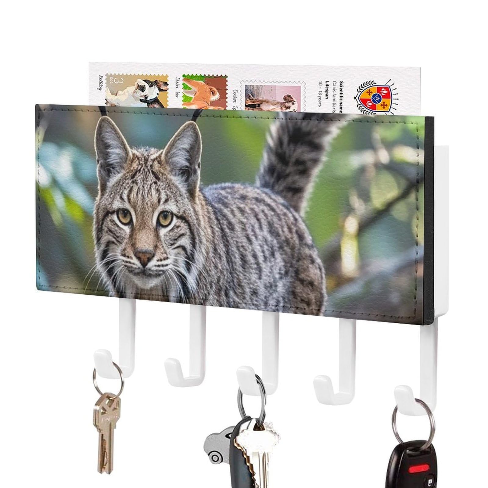 Fekiloot White-Style Wild Bobcat Key Holder Wall Mount Key Hanger With 5 Hooks Decorative Key Rack Hanging Key Hooks With Mail Organizer Key Holder For Wall Living Room Kitchen Bathroom Hallway White