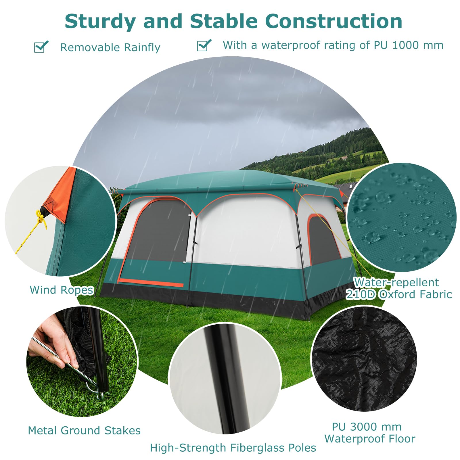 HOMASIS Tenda Campeggio con Portico e 2 Camere, Tenda Familiare da Esterno con 2 Finestre e 2 Porte, Gancio per Appendere la Lampada, Tasca Portaoggetti, Borsa da Trasporto, Grigio e Verde