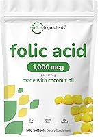 Vista 1 de Ácido fólico 1,000 mcg, 500 cápsulas blandas de aceite de coco (1 mg) Vitaminas prenatales esenciales (vitamina B9) 1,667 mcg DFE Probado por