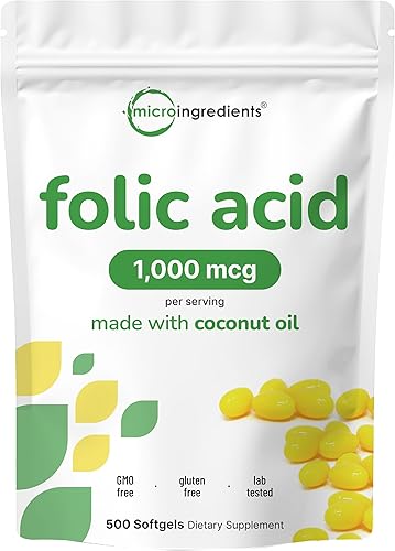 Ácido fólico 1,000 mcg, 500 cápsulas blandas de aceite de coco (1 mg) | Vitaminas prenatales esenciales (vitamina B9) | 1,667 mcg DFE | Probado por
