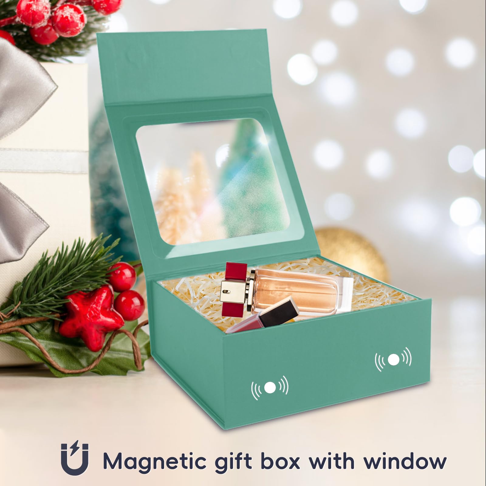 Hellgrüne Geschenkboxen mit Fenster, 19,1 x 19,1 x 7,9 cm, Brautjungfernboxen zum Verschenken, Geburtstagsgeschenkboxen mit Magnetverschluss, Deckel für Geschenke, niedliche Boxen, luxuriös für