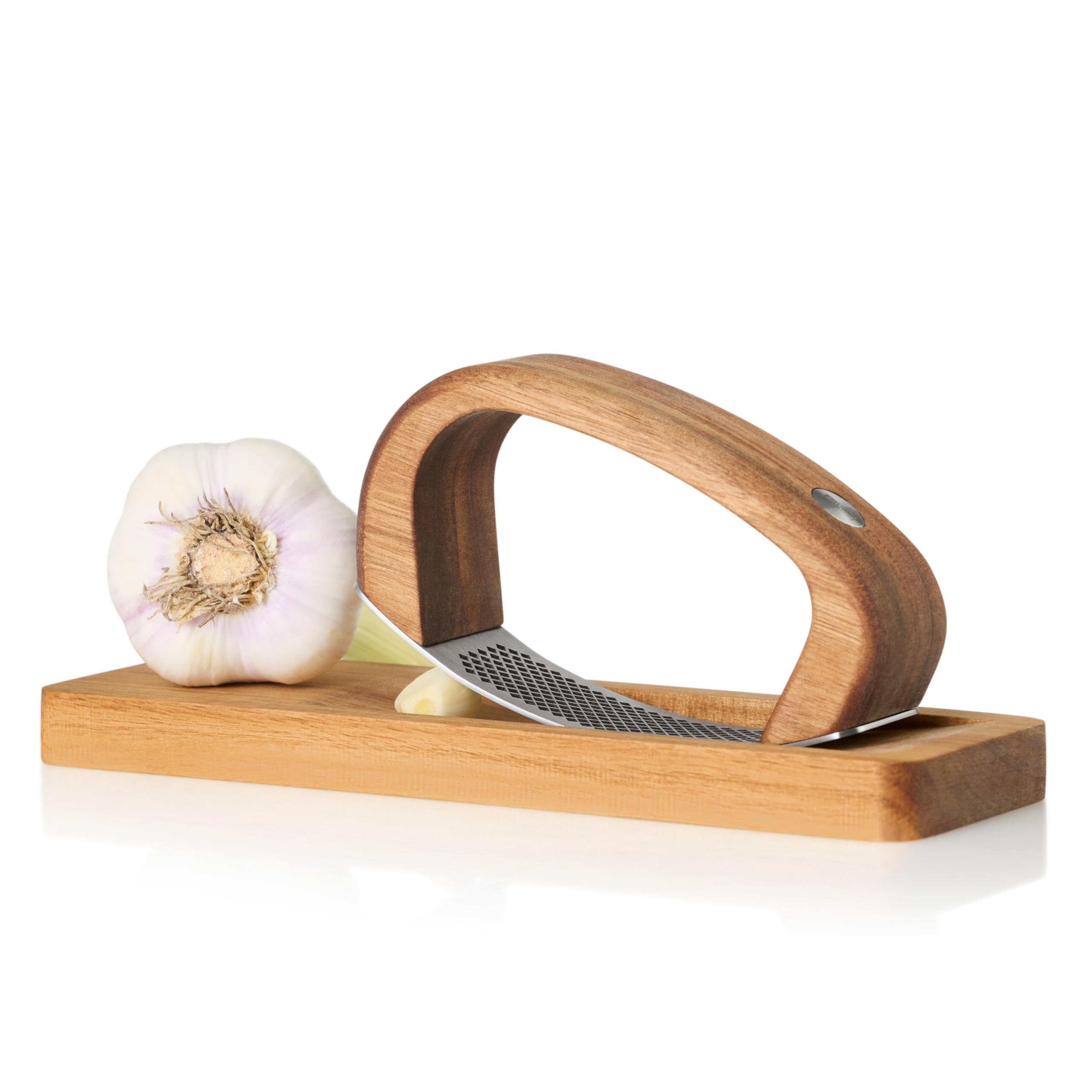 AdHoc GC01 innovative Knoblauchpresse mit Schneidbrett RoccaAlio | edles Akazienholz und lasergeschnittene Edelstahlklinge | Knoblauchschneider modern und ergonomisch in der Anwendung