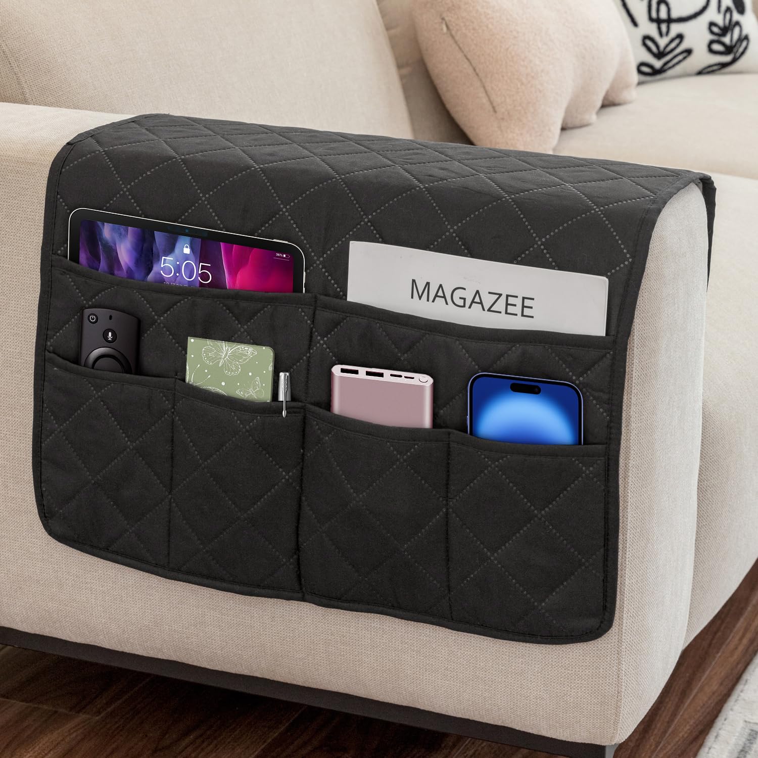 HAOMAIJIA Sofa Armrest Organizer – 6-Pocket Storage Caddy For Remotes, Phones, Magazines, Black 1 thumbnail image