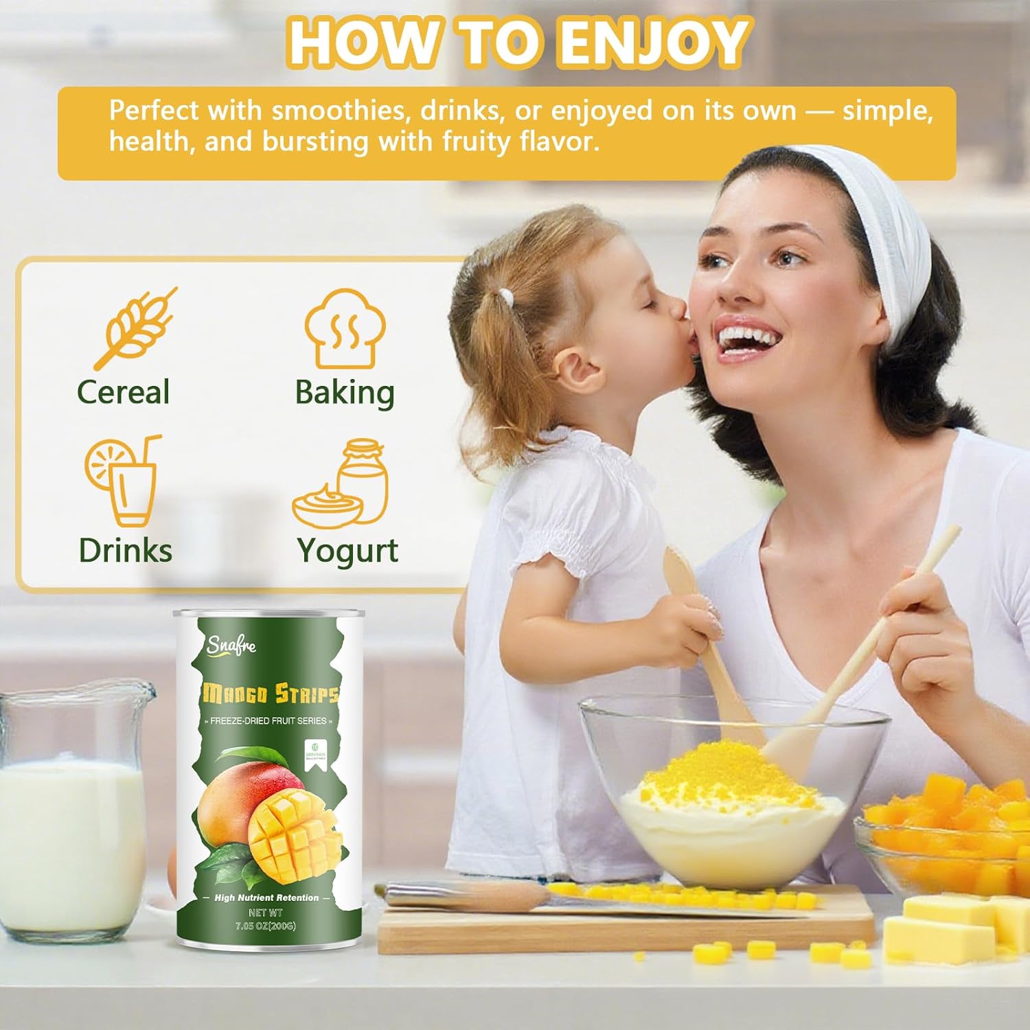 Freeze Dried Mango Pieces, 7.05OZ/200G Freeze Dried Fruit, Frozen Mango Chunks, Natural, No Sugar Added, Ideal For Drinks, Baking, Yogurt, Tea - Image 6