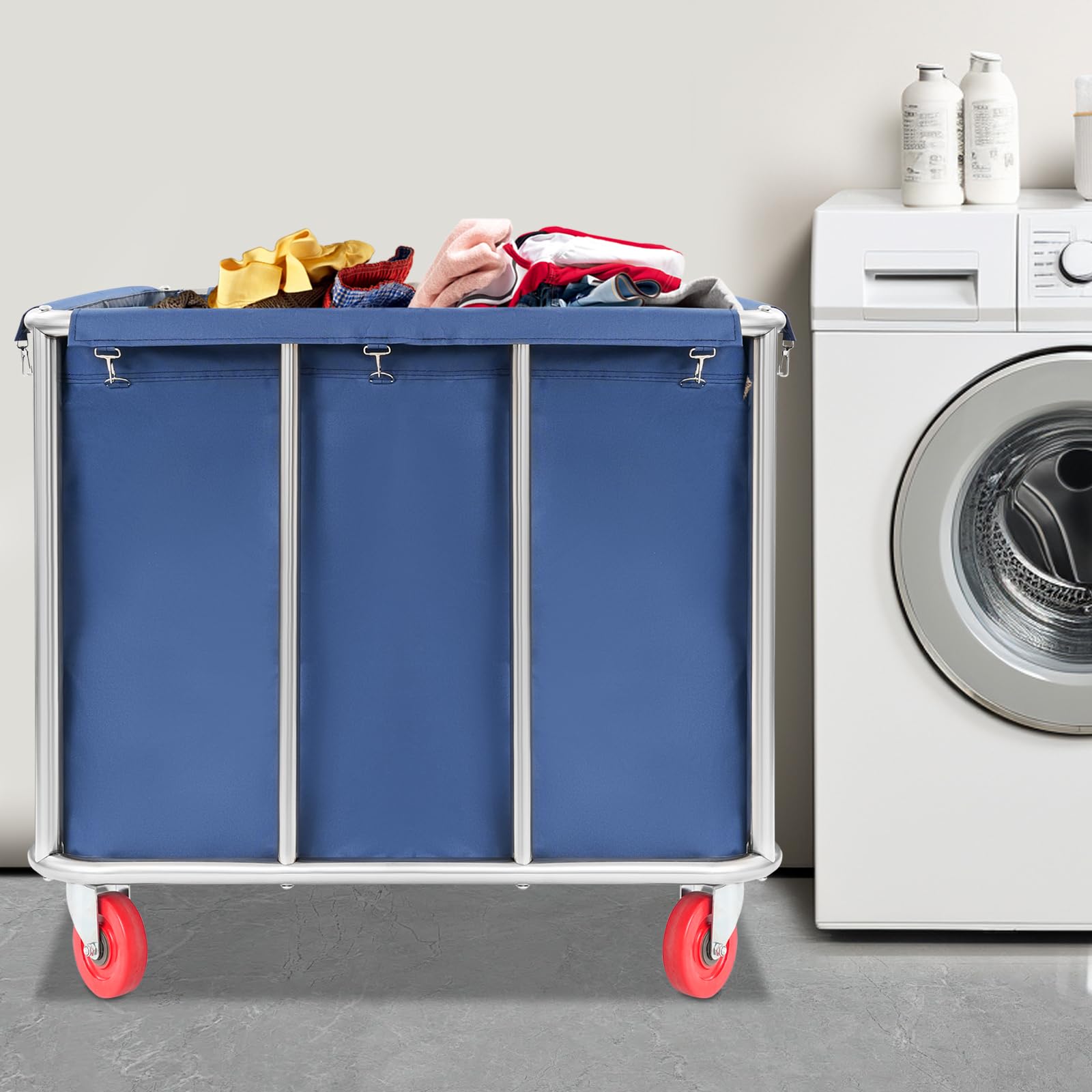 Carrello portabiancheria grande in acciaio inox commerciale con ruote, per la casa, hotel, 300 l, portata 117 kg, 90 x 65 x 80 cm