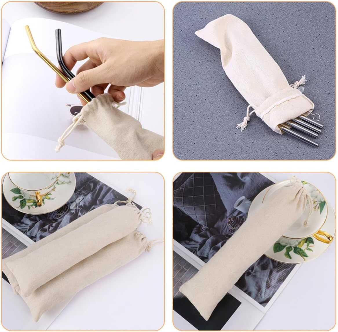 BESTYASH 10pcs Cotton Linen Drawstring Straw Storage Bags for Cutlery and Tableware, Easy to Clean and Use, Light-colored Pouches with Simple Design for Camping and Work