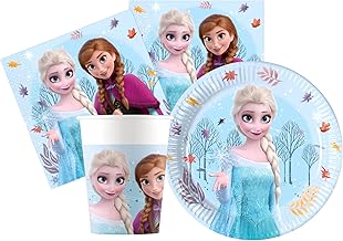 Frozen Birthday Table Kit for 16 People (52 Pieces: 16 Plates 18 cm, 16 Cups 200 ml, 20 Napkins) in Paper
