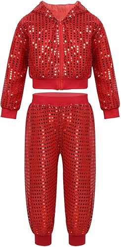 inhzoy Conjunto de lentejuelas para niña, danza callejera, hip hop, danza, rendimiento, con capucha y pantalones de harén