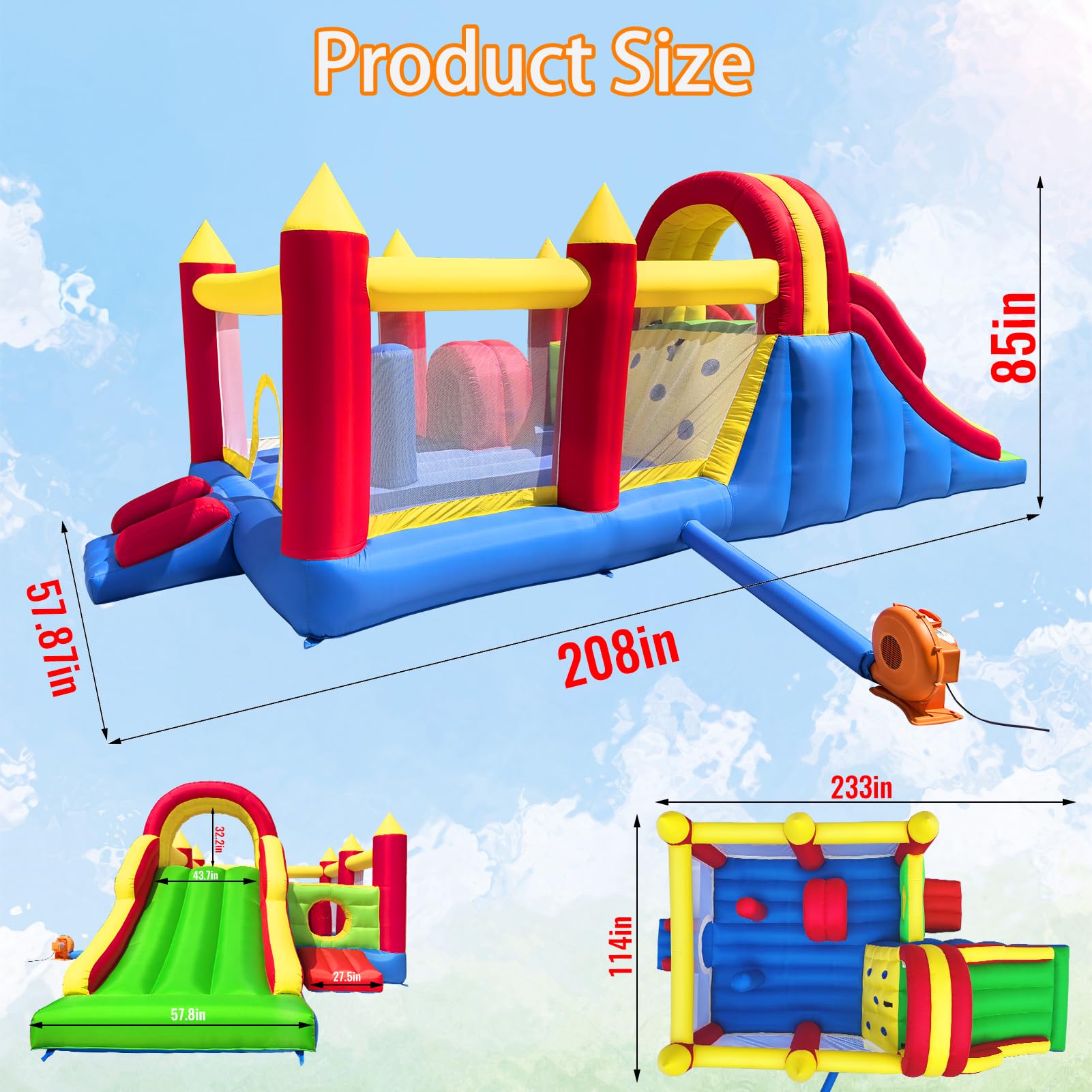 Ballsea Hüpfburg XXL - Riesiges aufblasbares Schloss mit großer Rutsche und Trampolin, 592x290x216 cm - Ideal für Kindergeburtstag und Garten (ohne Gebläse)