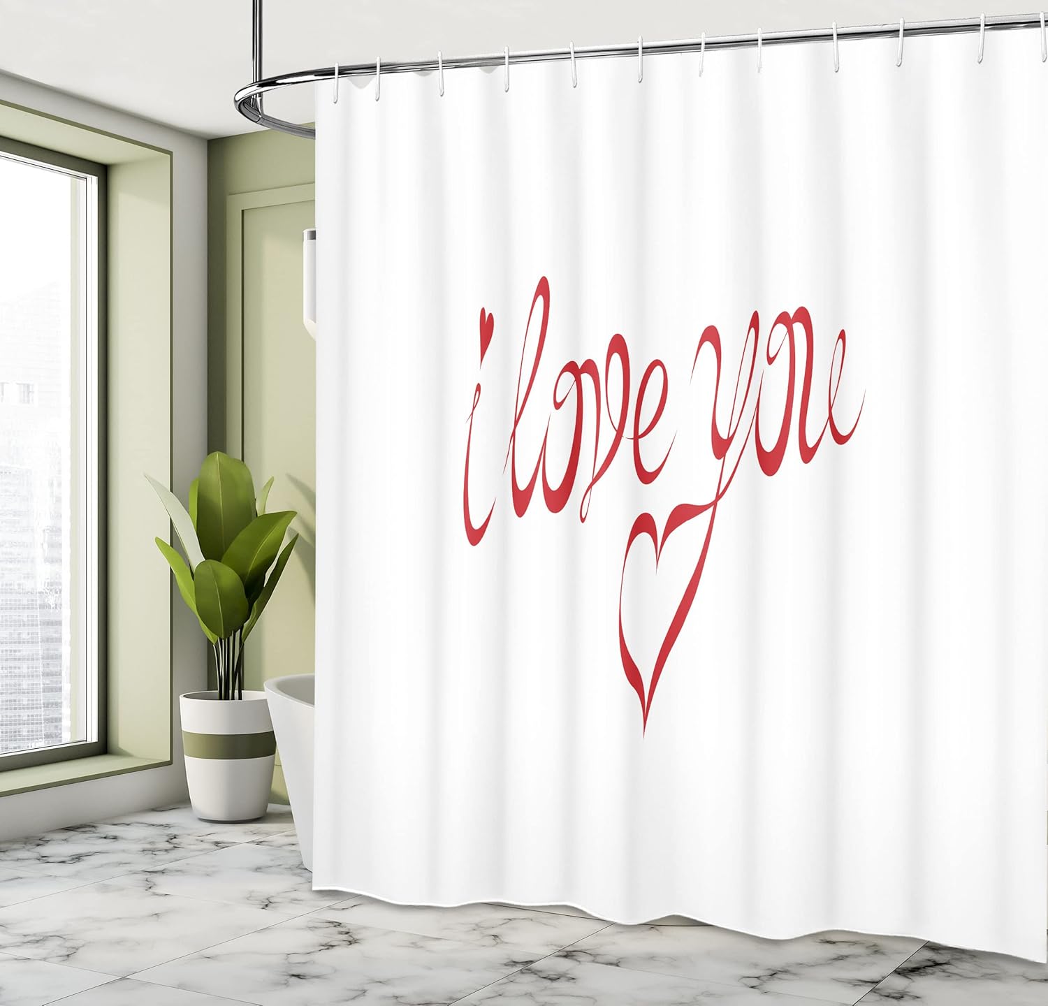 Ambesonne I Love You Shower Curtain, Swirling Letter Fonts in Warm Color Heart Shaped Dots Calligraphy Design, Cloth Fabric Bathroom Decor Set with Hooks, 69" W x 75" L, Red White