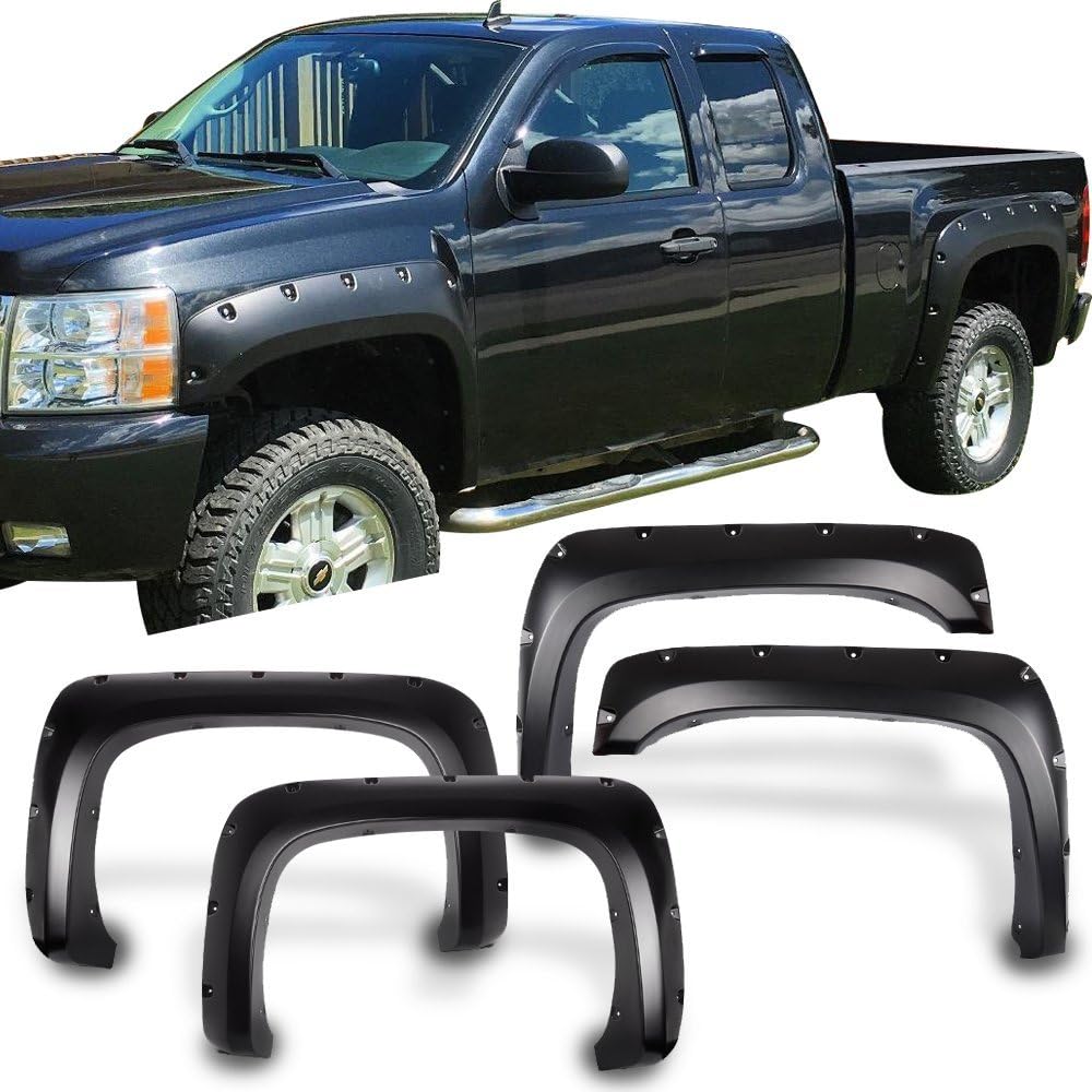 FREEMOTOR802 Fender Flares Compatible with 2007-2014 Chevy Silverado 1500 2500 3500 | Pocket Rivet Style Matte Black Finish PP Right Left Wheel Cover Protector Vent Trim Replacement