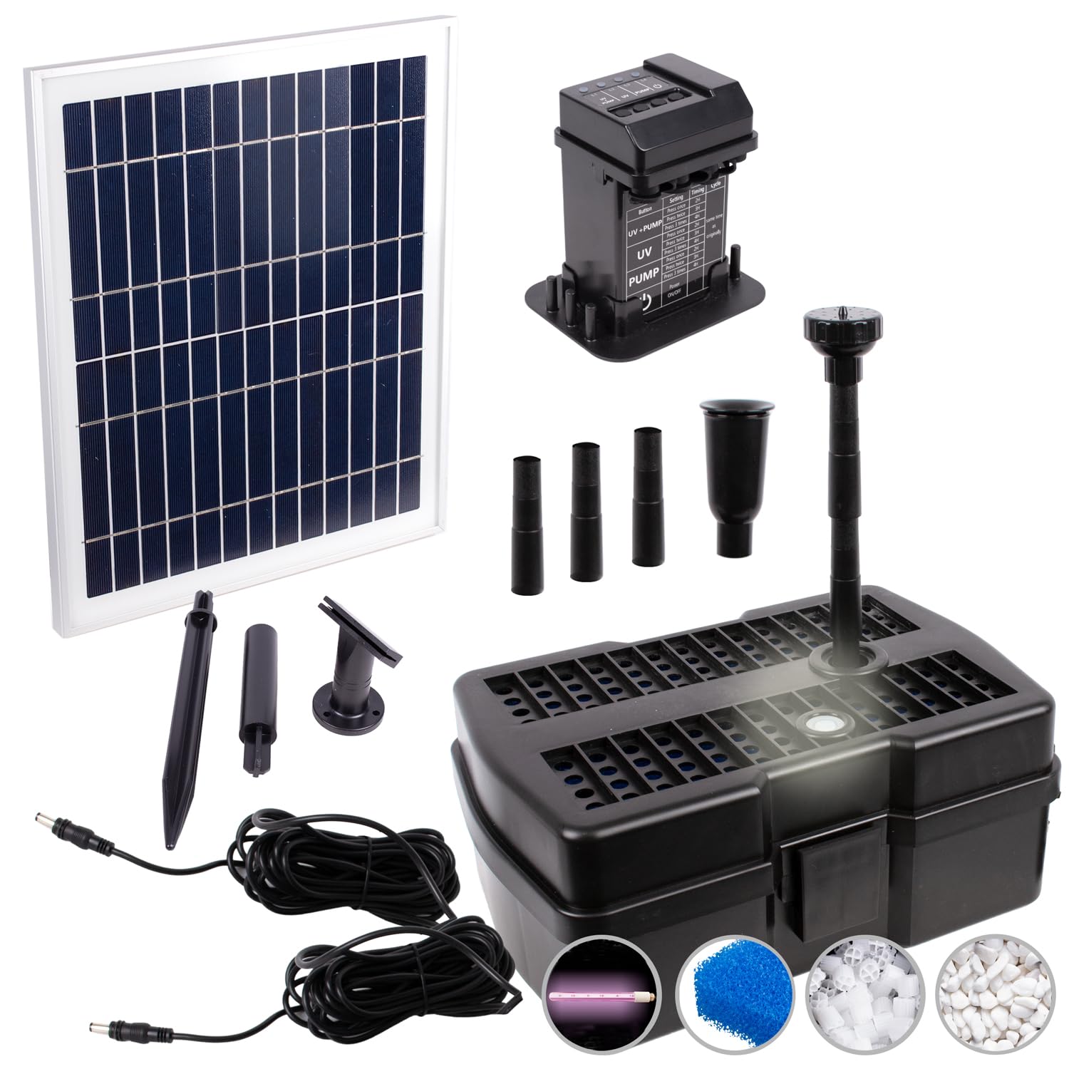 AMUR Solar Pond Pump Filter Water Feature Set with UV Light, Timer and Solar Panel in Sturdy Frame (Aqua-Vital 12-UV-C)
