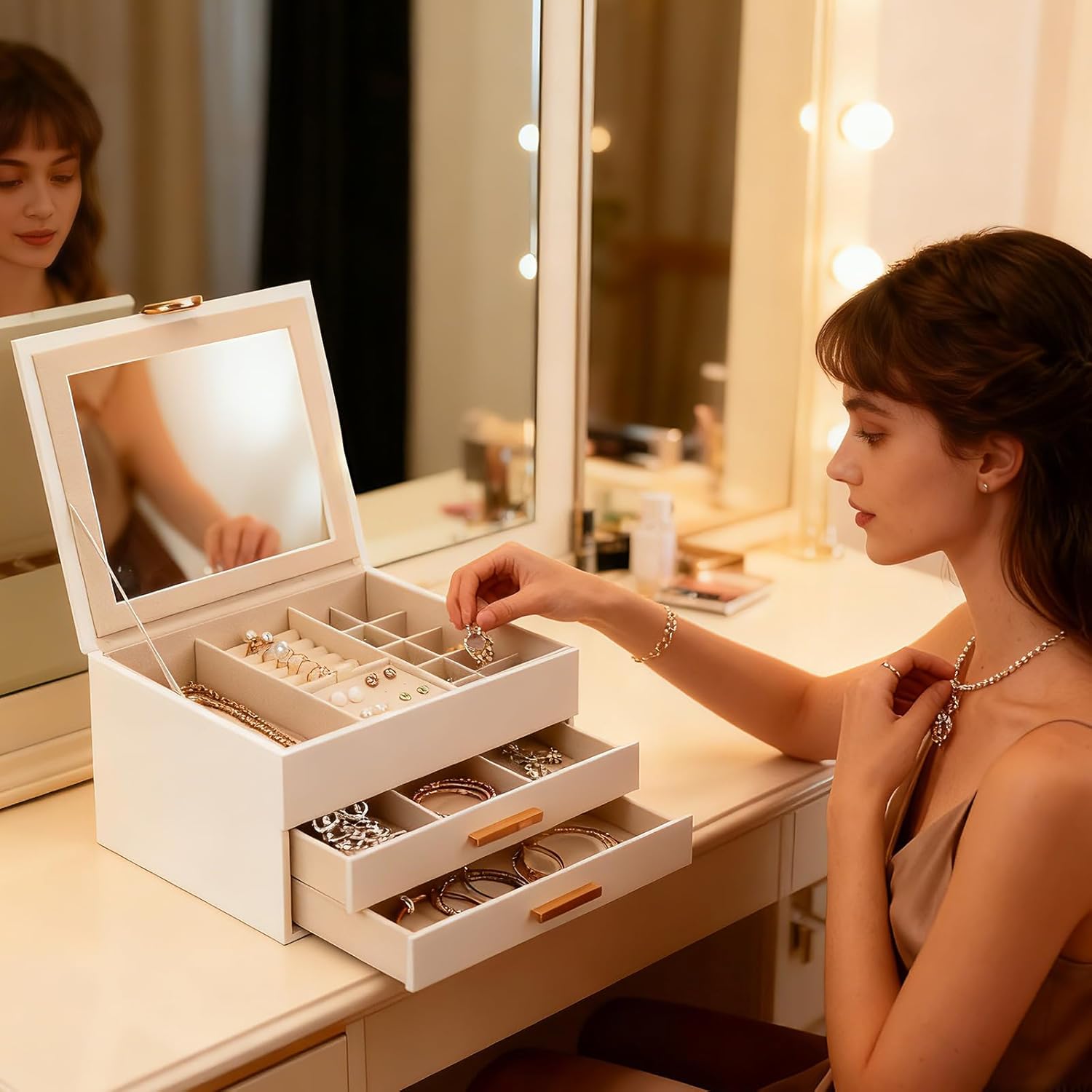 Elegant Jewelry Storage Box with Mirror 3-Tier Design with Smooth-Gliding Drawers Jewelry Organizer Perfect Christmas Birthday Gift for Wife Mom Women White
