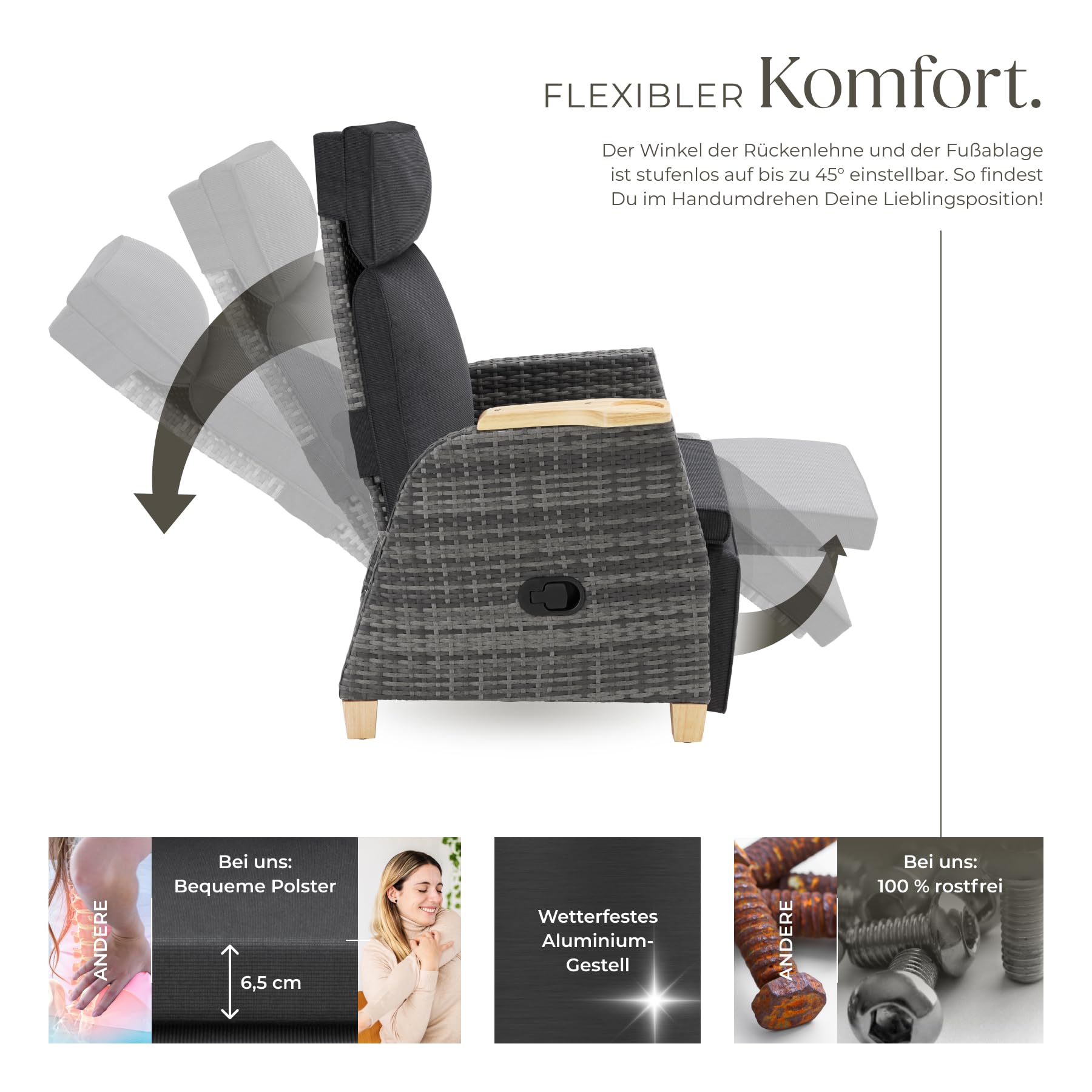 Tectake Rattan Outdoor Sessel Hochlehner mit Fußstütze verstellbare Lehne Relaxsessel Liegefunktion 2er Set