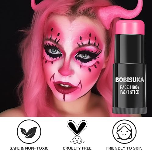 Miniatura 5 de BOBISUKA Palo de pintura facial y corporal rosa, impermeable, ojos rosados, negro, para deportes, kit de pintura facial para Halloween, maquillaje
