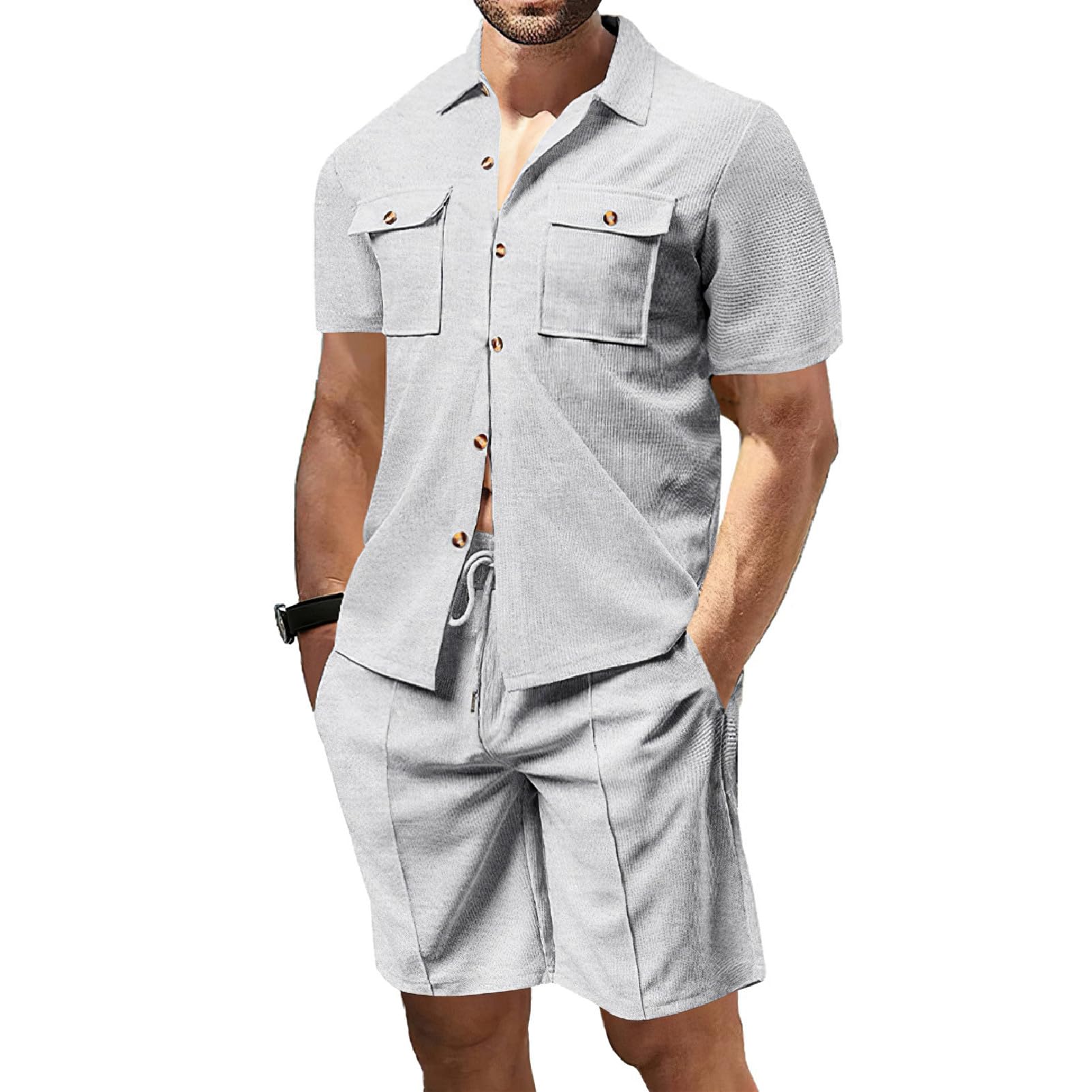 amropi Hombre Corto Chándal de Deportivo Cuadros Manga Corta Camisa de Botón y Shorts Verano 2 Piezas Conjunto