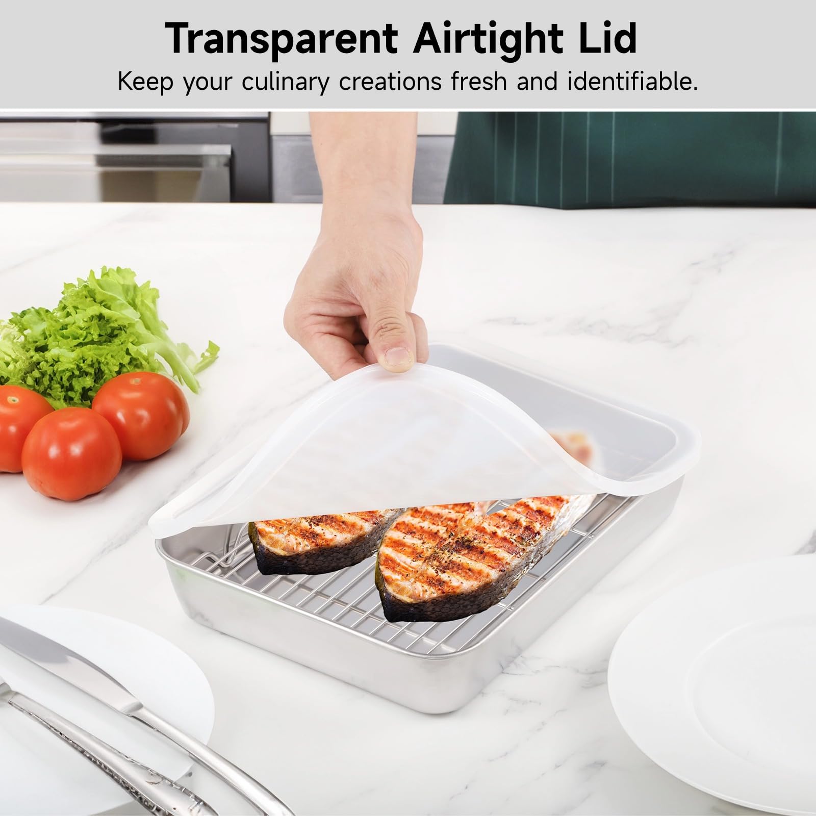 Set di 2 teglie da forno in acciaio inox con coperchi ermetici e griglie di raffreddamento, 3 in 1 per cucinare, arrostire, servire