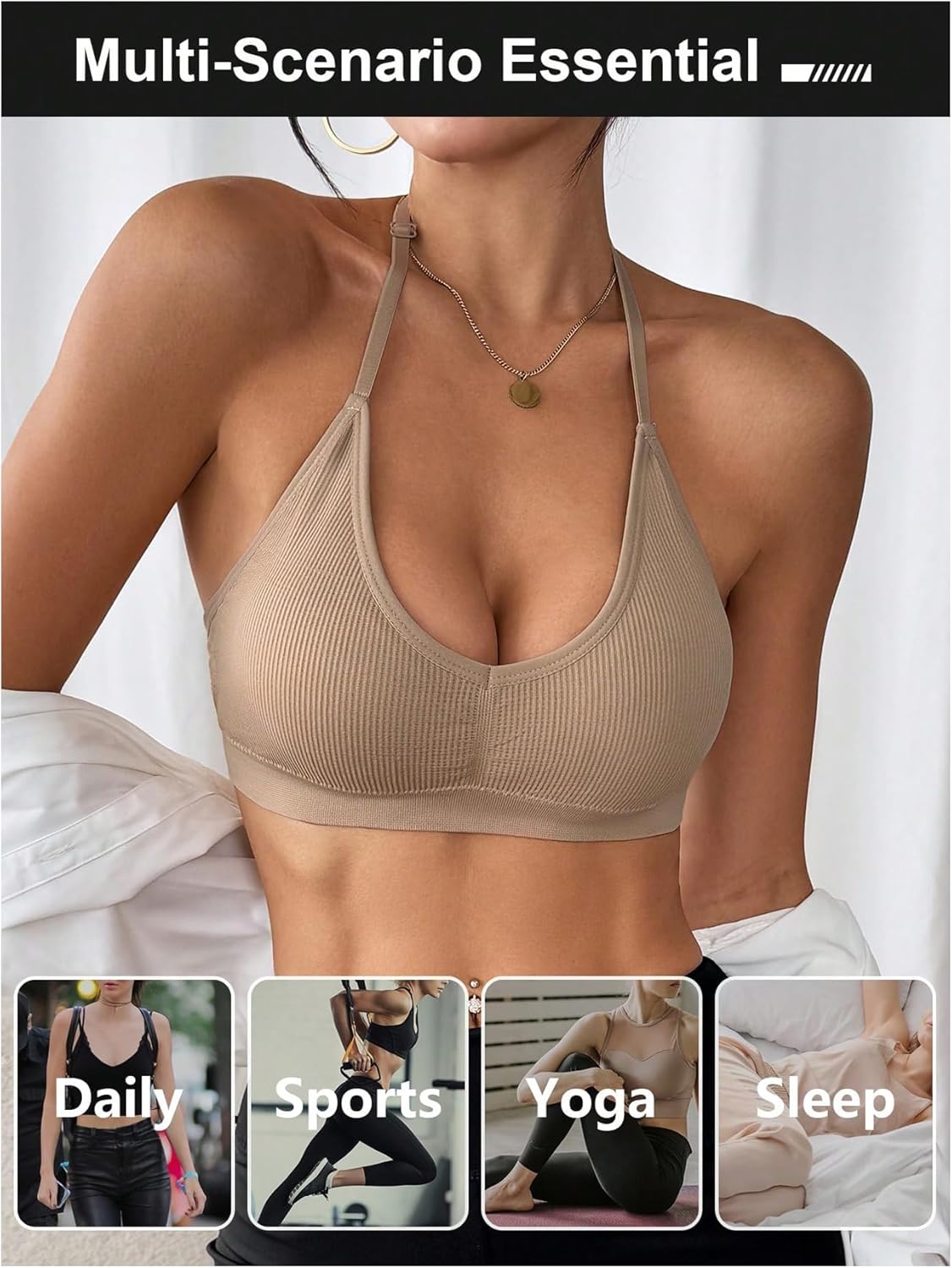 MakeMeChic Women's Low Back Halter Bra Seamless Wireless Bralette Rib Knit Everyday Bras - Image 5