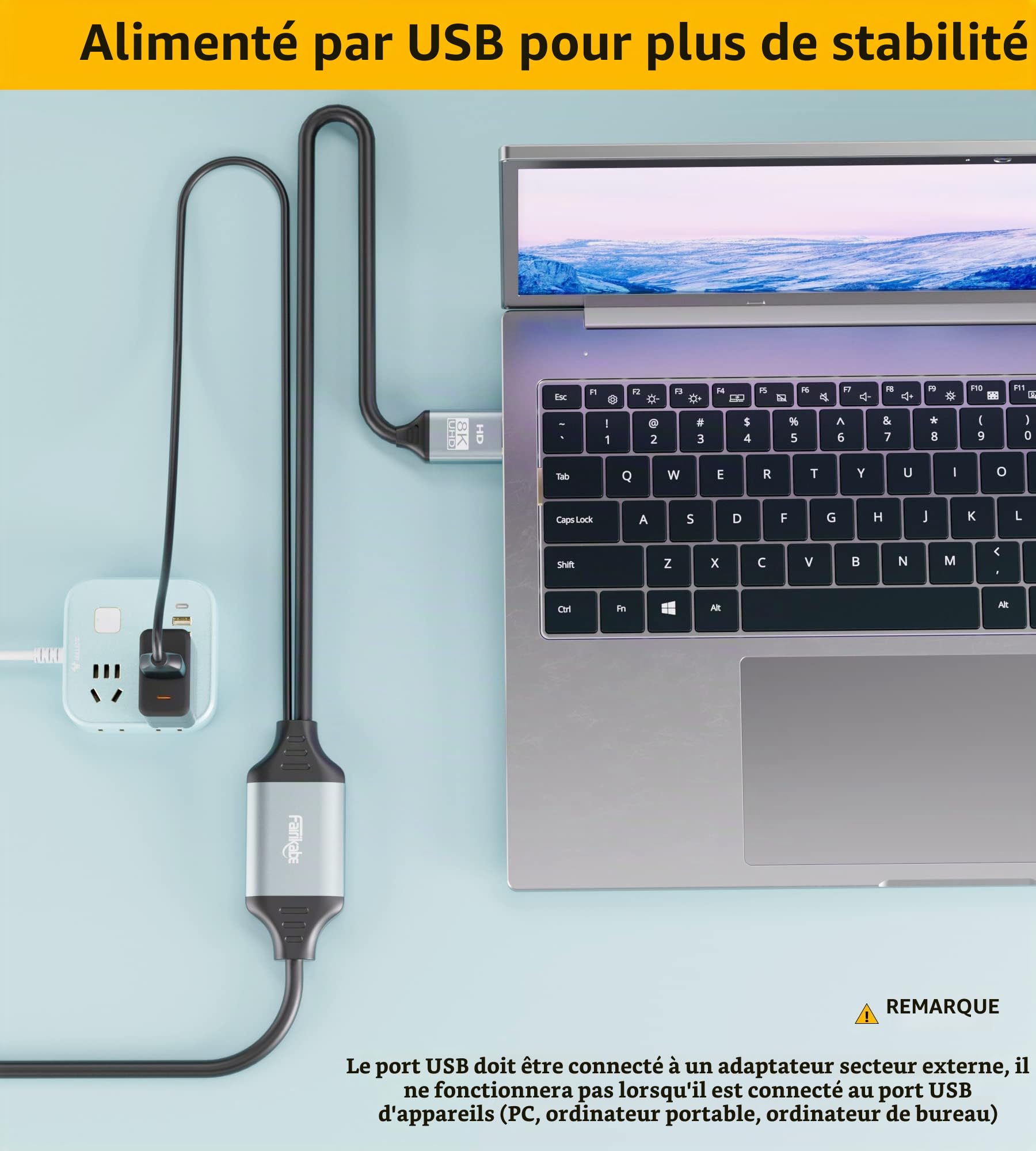 8K Câble HDMI vers Displayport alimenté par USB pour Xbox Series X, PS4, PS5, PS4 Pro, Fairkabe HDMI 2.1 Source vers Display Port 1.4 Câble adaptateur 2 m, unidirectionnel HDMI mâle vers DP mâle