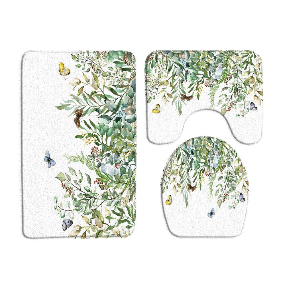 Sage Green Leaves 3 Pcs Bath Rugs Set,Watercolor Eucalyptus Plant Floral Butterfly Rustic Nature Spring Botanical Bathroom Kitchen Rug with 17.8
