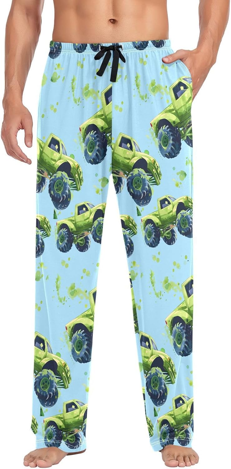 ALAZA Green Monster Truck Men's Pajama Pants Men Cotton Pajama Bottoms with Pockets, S