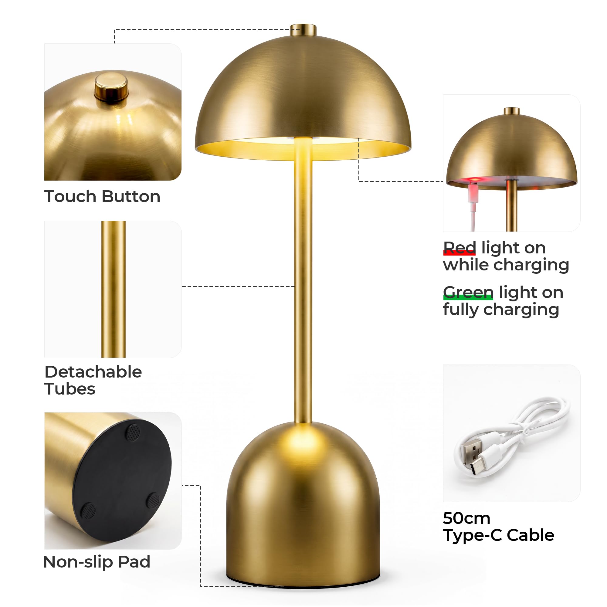 Lot de 2 lampes de table sans fil rechargeables dorées