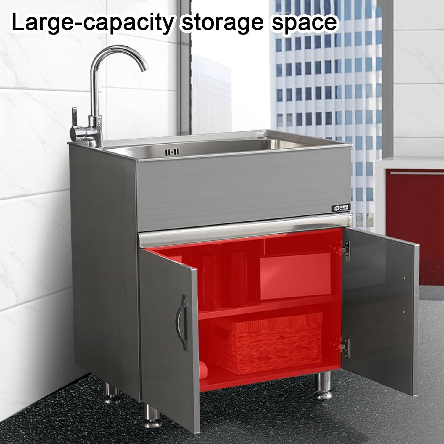 Stainless Steel Sink with Cabinet Small Radius Corner Design Adjustable Feet Kitchen Sinks Door Handle Included Coating Rounded Corners Large Opening(17.7x15.4x32.3")