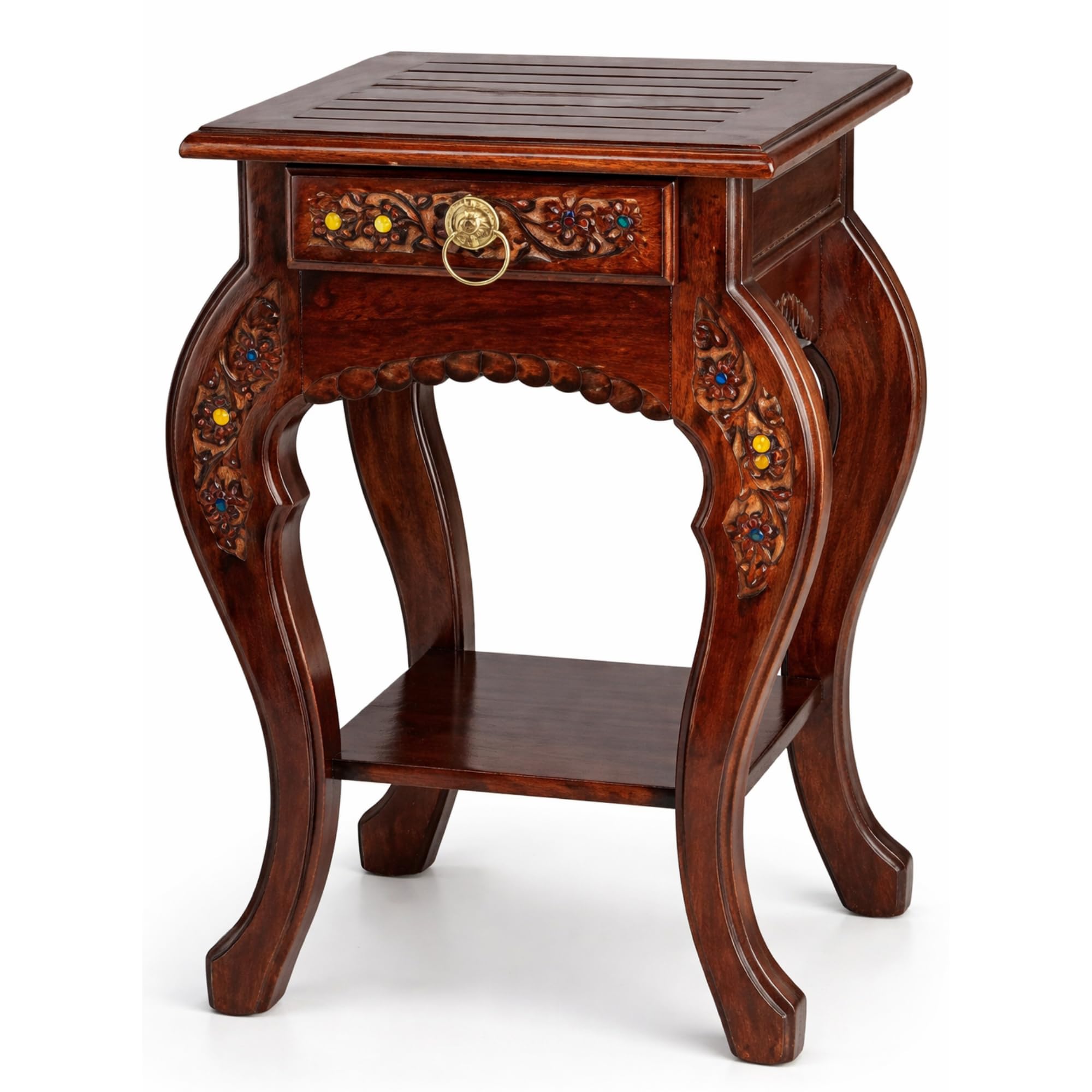 Handcrafted Solid Wood End Table with Drawer & Shelf – Carved Wooden Bedside Table, Rustic Accent Side Table for Living Room, Bedroom, Small Spaces-image-42