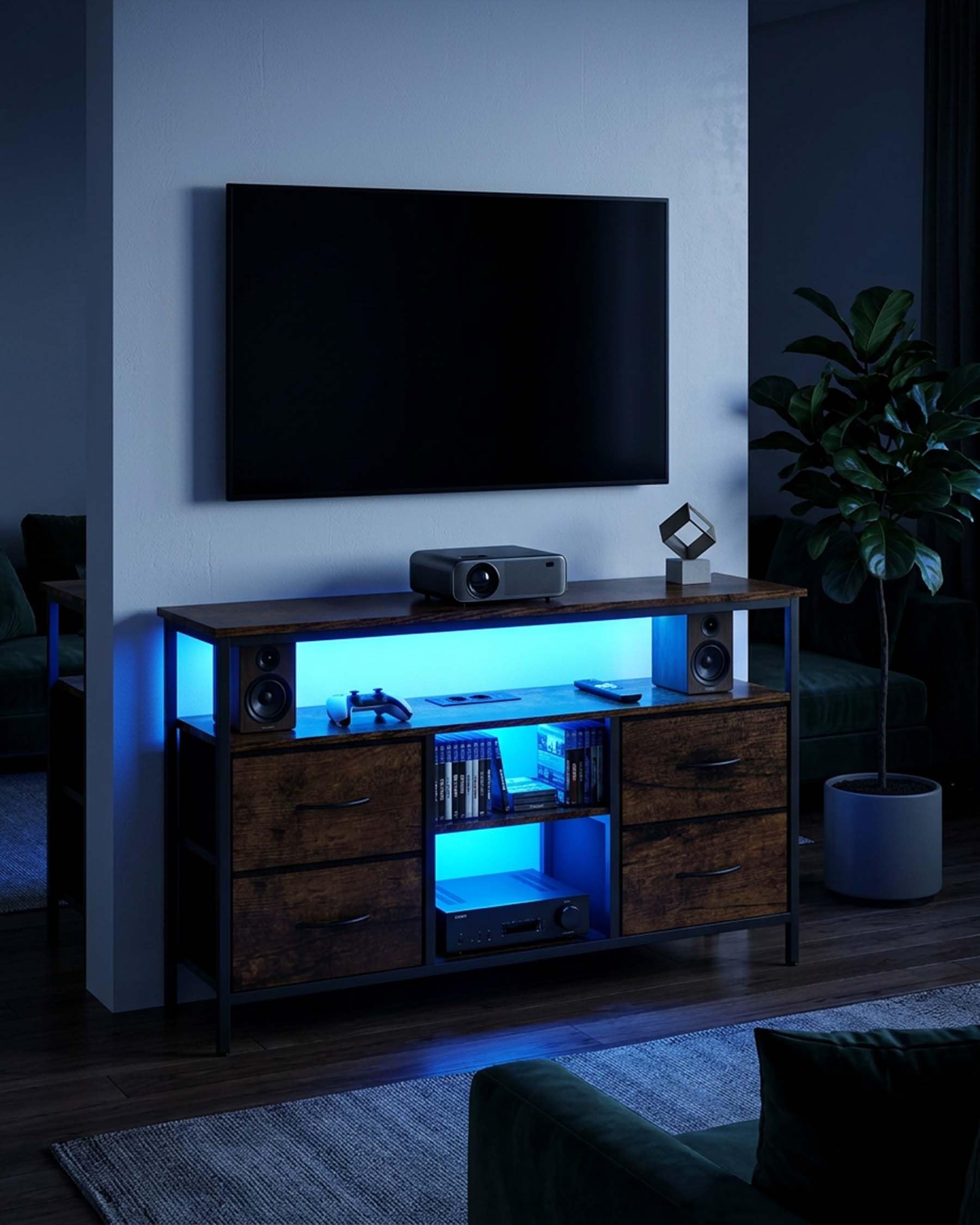 Meuble TV LED Meuble Télé Industriel Noir et Bois 110×30×78cm | PRISES ET RANGEMENT Deux prises et deux ports USB avec câble d’alimentation plus 4 tiroirs en tissu pour un usage quotidien
