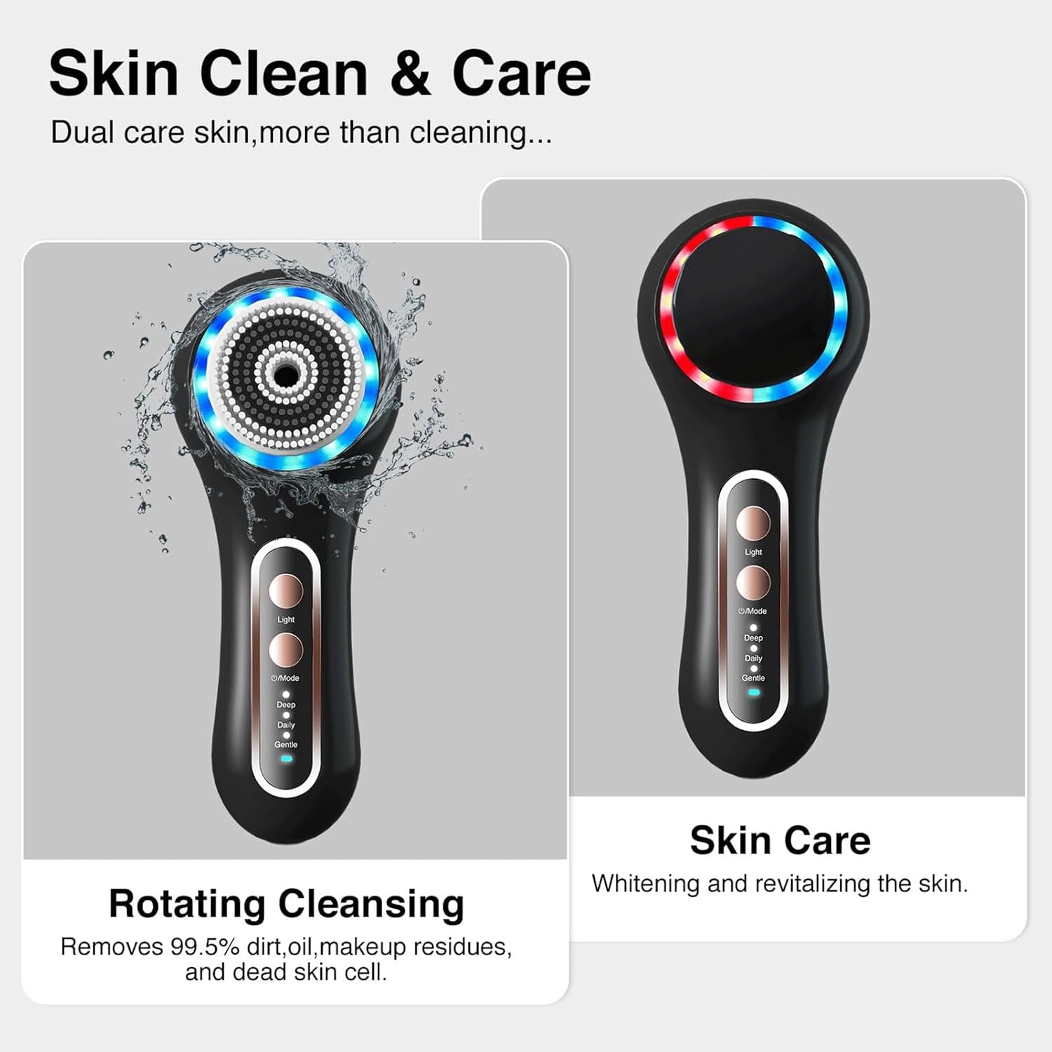 Facial Cleansing Brush, Facial Scrub, IPX-7 Waterproof Rotating Facial Scrub with 5 Brush Heads, Used for Exfoliating, Massage, and Deep Cleaning(A)