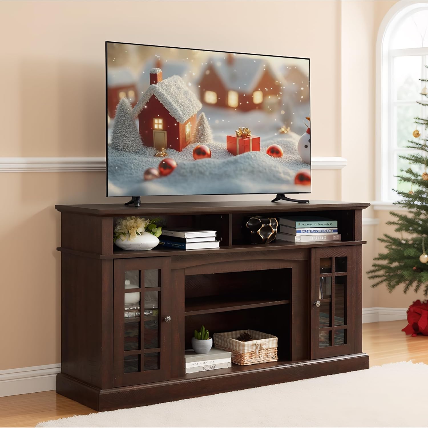 Traditional American Country Style TV Stand with Glass Door, 58" W Large Entertainment Center with Open Shelves, Home Entertainment Console Table for TV Up to 65'' (Espresso & Style 1)
