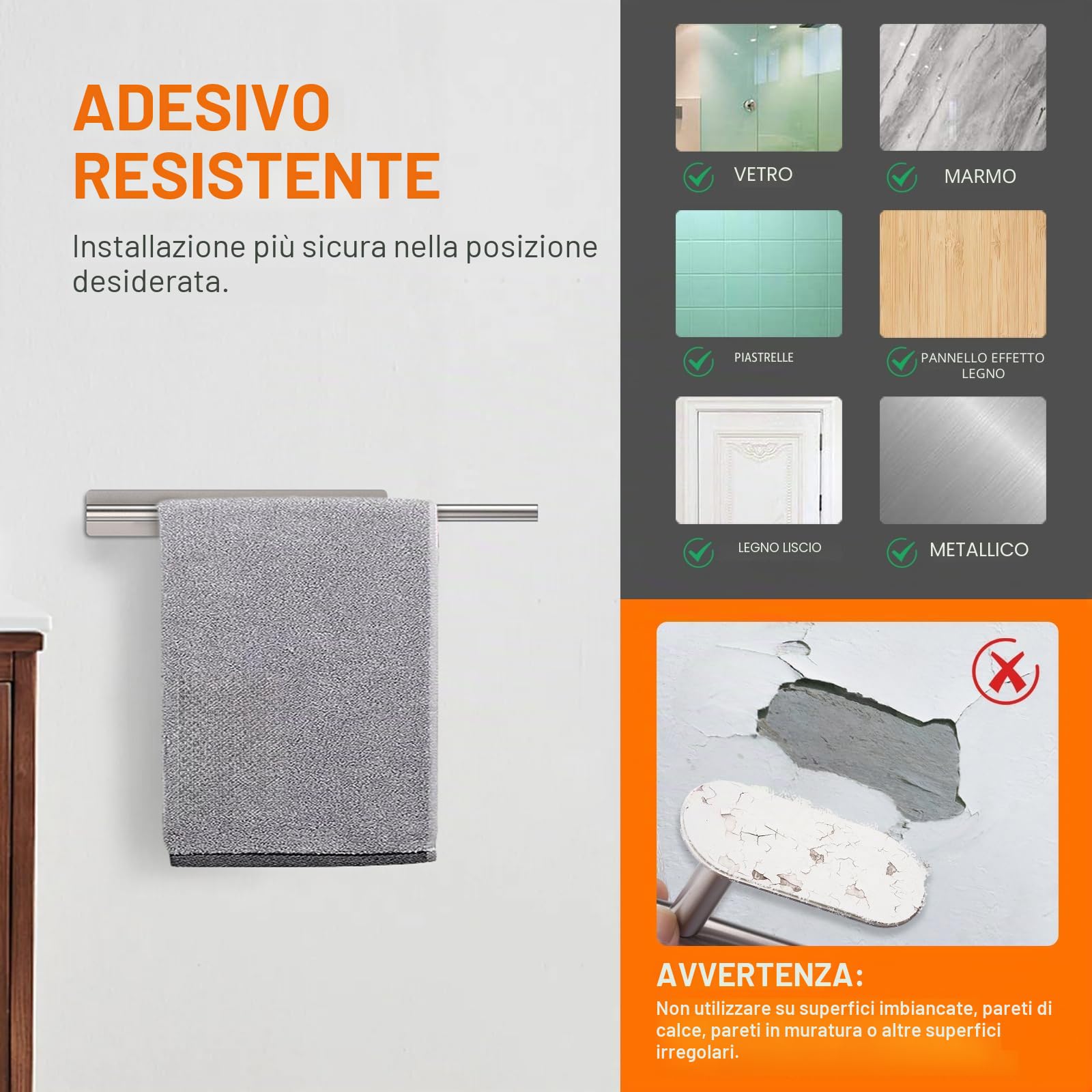 Ibergrif M34453A Portasciugamani Adesivo, 39CMPorta Asciugamani Bagno, Acciaio Inox, Spazzolato