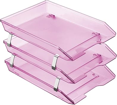 Acrimet Facility 3 Tier Letter Tray, Front Load, Letter Size/A4, Desktop File Organizer, Plastic Clear Pink Color