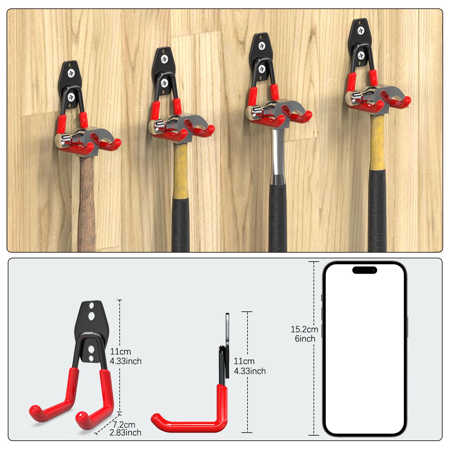 3-H Ganchos de Garaje Resistentes, Paquete de 8 Ganchos de Almacenamiento de Garaje de Acero, Soporte de Pared y Organizador de Herramientas, Cuerdas, Cables(Rojo) — view 4