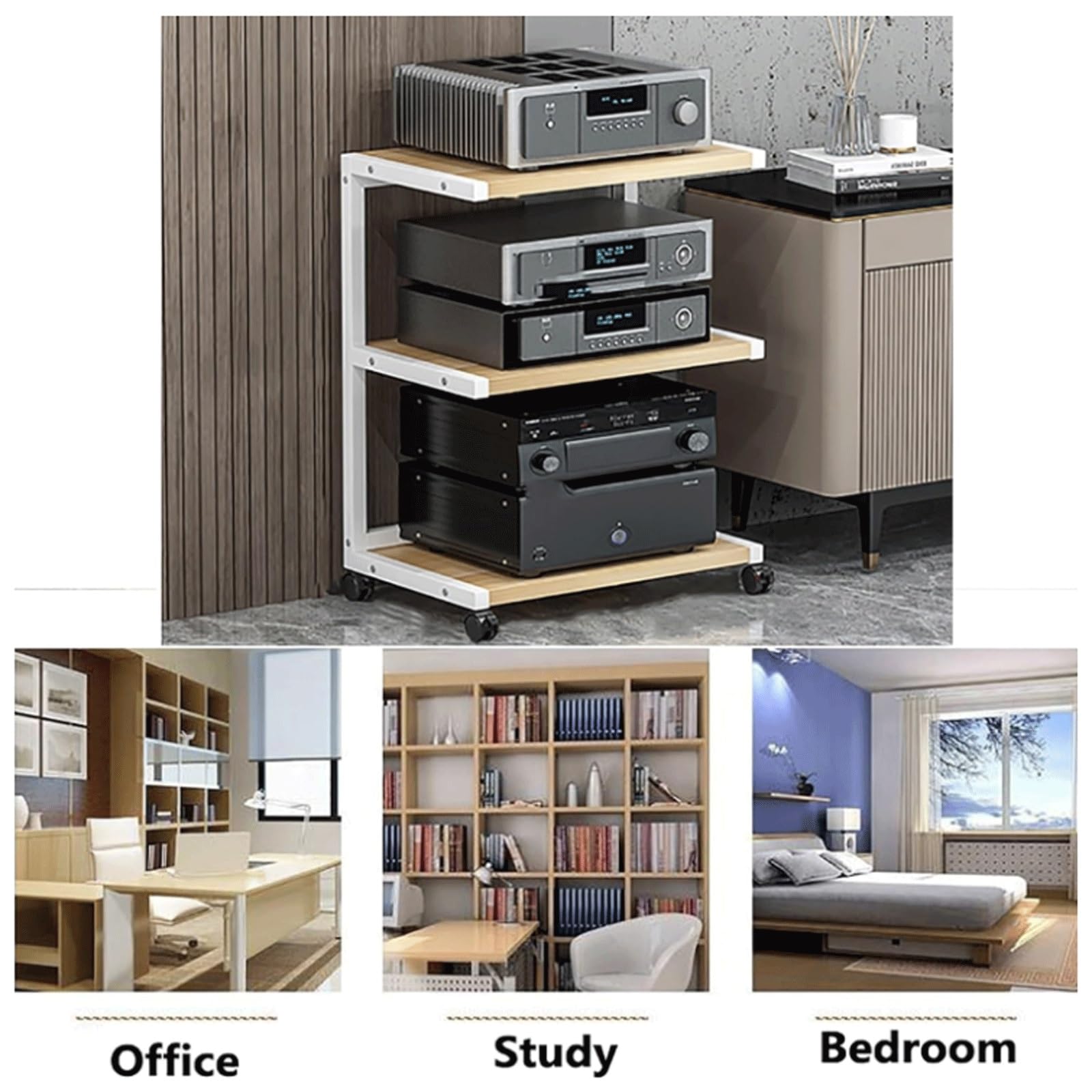 Stojak na multimedia AV, 2/3 poziomy z kółkami, drewniany stojak na gramofon, półki do gier, otwarte elementy stereo, wieża audio do gramofonu, biała, 61 cm