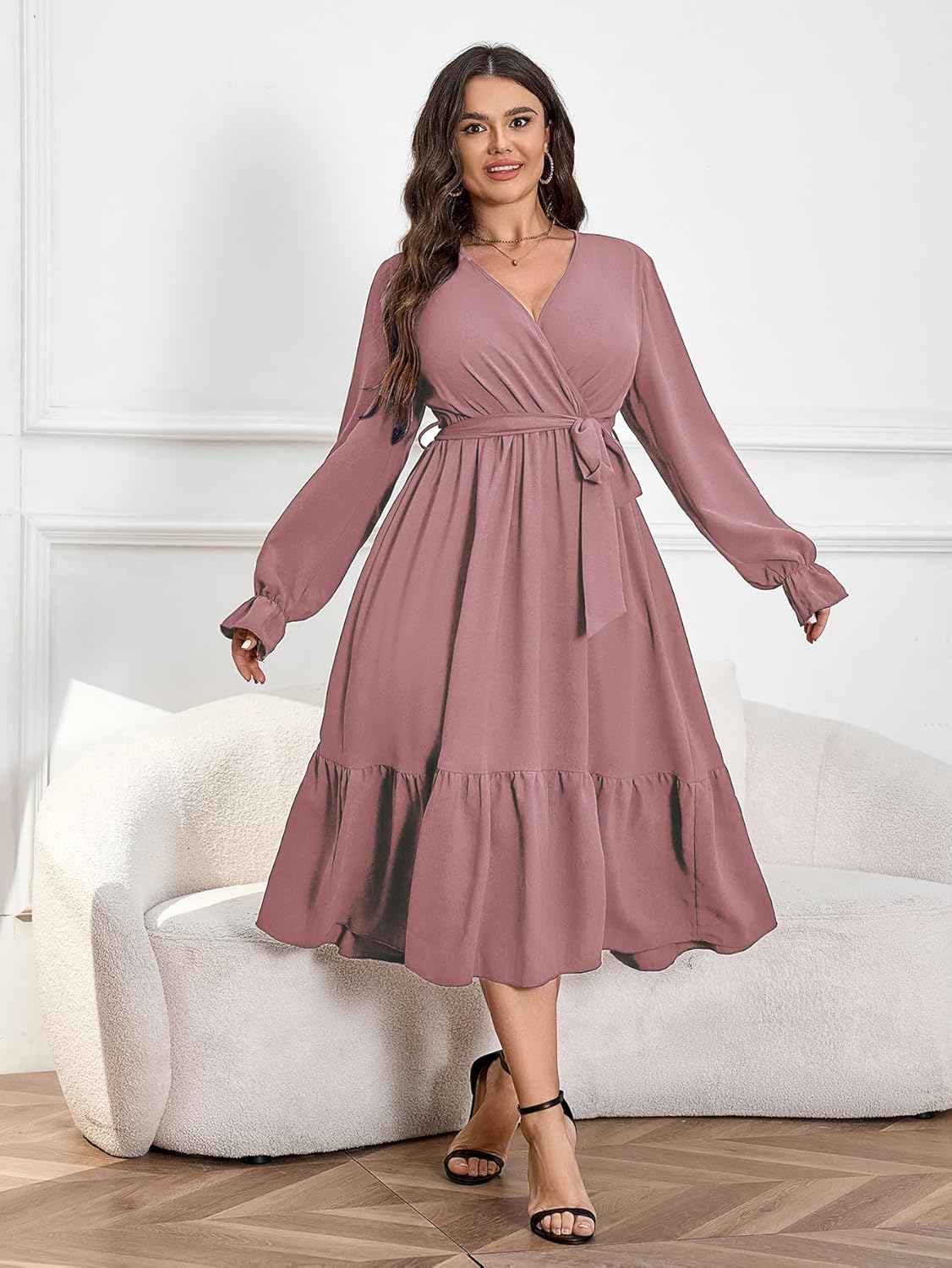 SCOMCHIC Womens Plus Size Wedding Guest Dresses Long Sleeve Faux Wrap V Neck Belted A-Line Flowy Maxi Cocktail Dress - Image 3