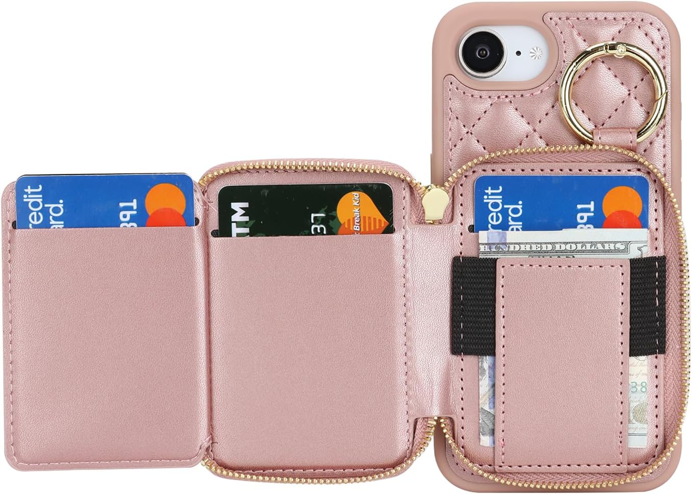 for iPhone 17e/16e Case Wallet with Card Holder,for iPhone 17e/16e Phone case Wallet with Zipper with Slot Kickstand Stand Case for Women and Man 5G 6.1 Inch-Rose Gold