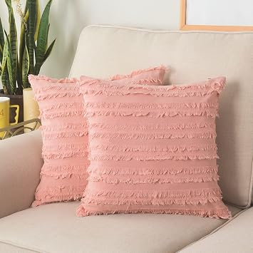 GYROHOME Pack of 2 Cotton-Linen Throw Pillow Covers,Decorative Cushion Covers,Tassels Design, Modern Fringe Cushion Covers Coral, 16x16inch 40x40cm